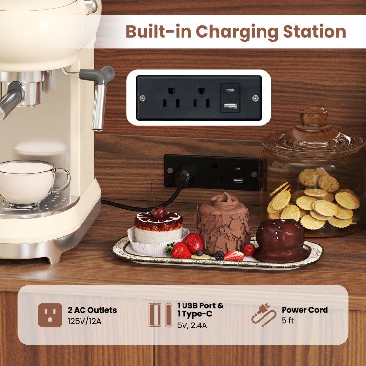 Pantry cabinet with built-in charging station, featuring 2 AC outlets, USB port, and ample countertop space for.
