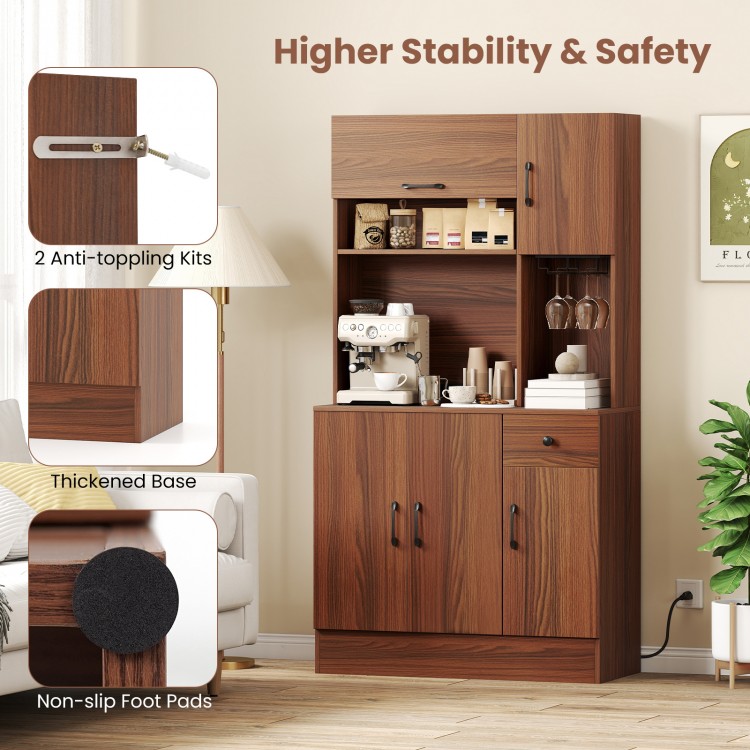 66-inch brown pantry cabinet with charging station, adjustable shelves, and anti-toppling kits for kitchen stability.