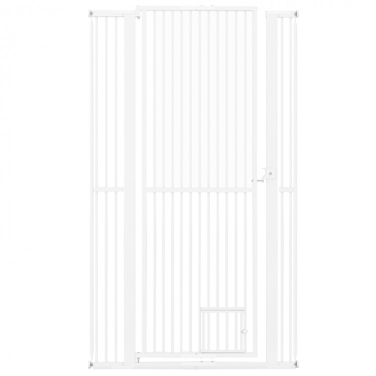 Extra tall 67.5" white metal pet gate with 30.5"-41" wide opening, ideal for doorways and kitchens, easy to install.