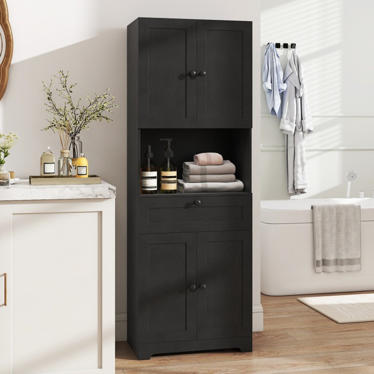 Tall black freestanding storage cabinet with 4 doors and 1 drawer, perfect for versatile organization in any room.