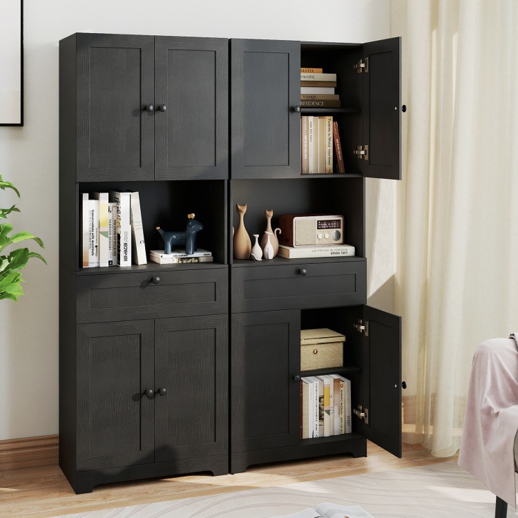 Tall black freestanding storage cabinet with 4 doors and 1 drawer, ideal for versatile storage in any room.