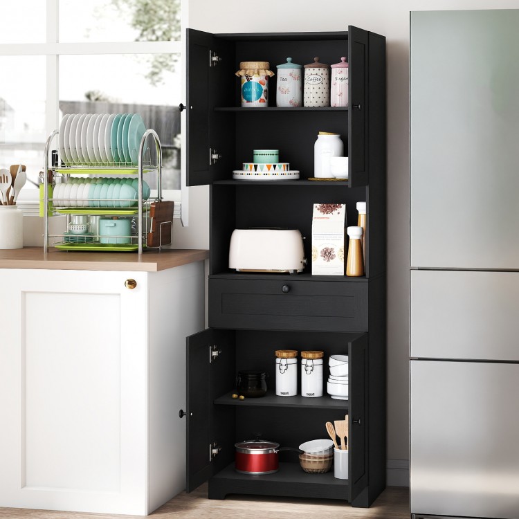 Tall black freestanding storage cabinet with 4 doors, 1 drawer, and adjustable shelf, perfect for kitchen or living.