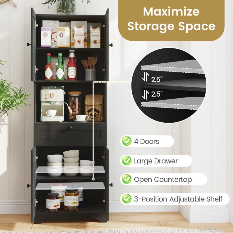 Black modern storage cabinet showcasing an open countertop for display, featuring 4 doors and a large drawer for.