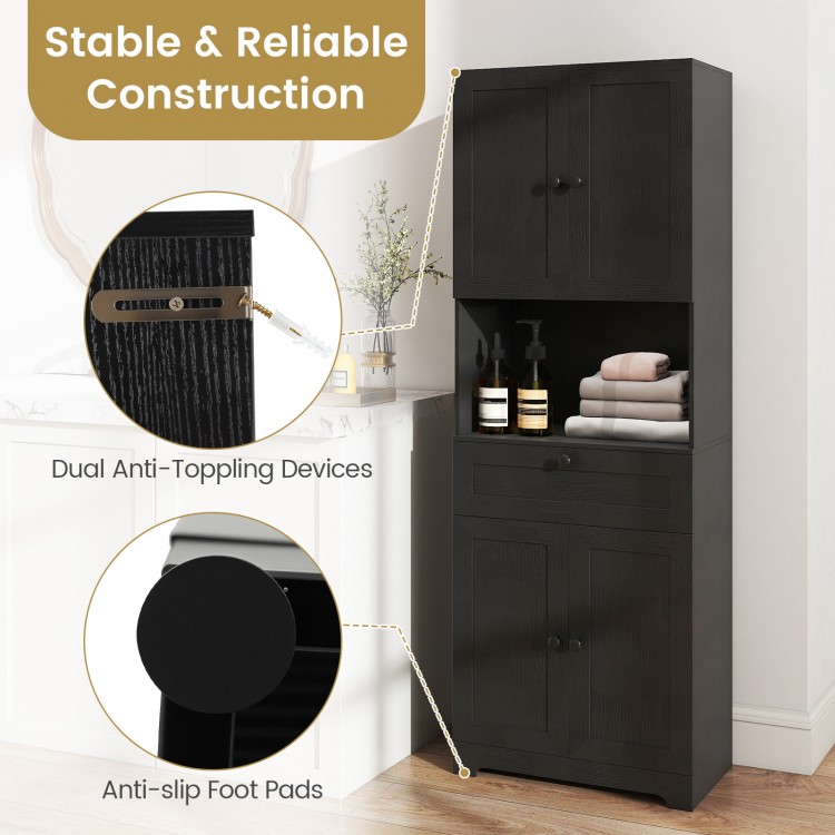 Tall black freestanding storage cabinet with 4 doors, 1 drawer, and anti-slip foot pads for versatile home organization.