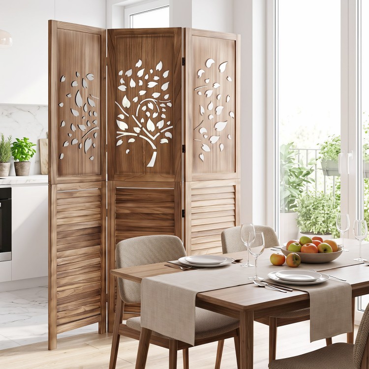 Folding room divider with tree cutout and louver design, perfect for separating living and dining areas with rustic brown finish.
