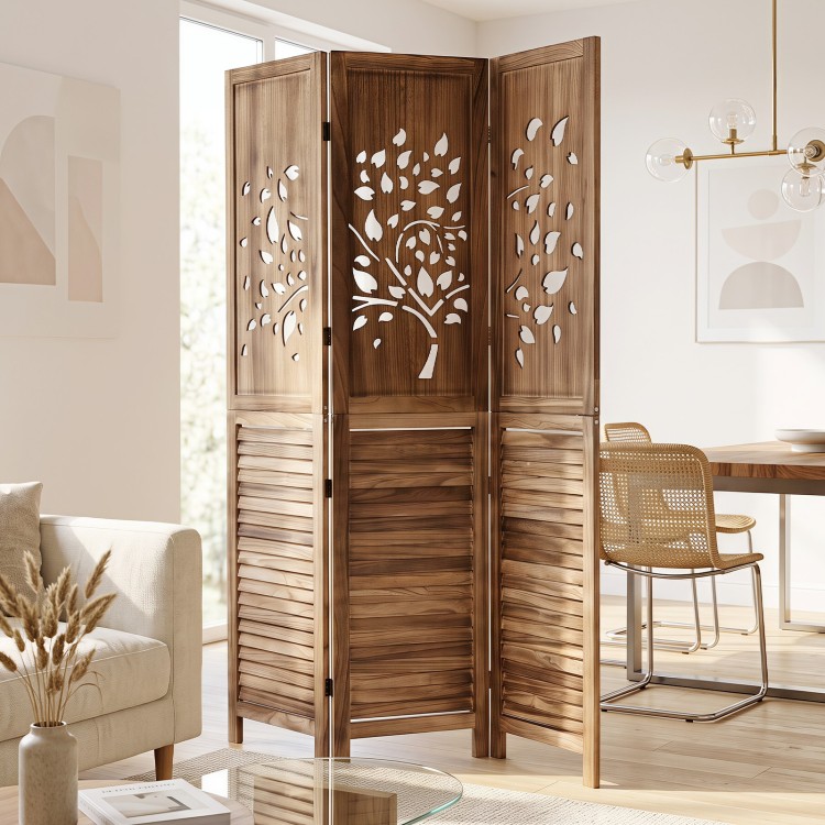 Folding room divider with tree cutout and louver design in rustic brown, perfect for creating privacy in living spaces.