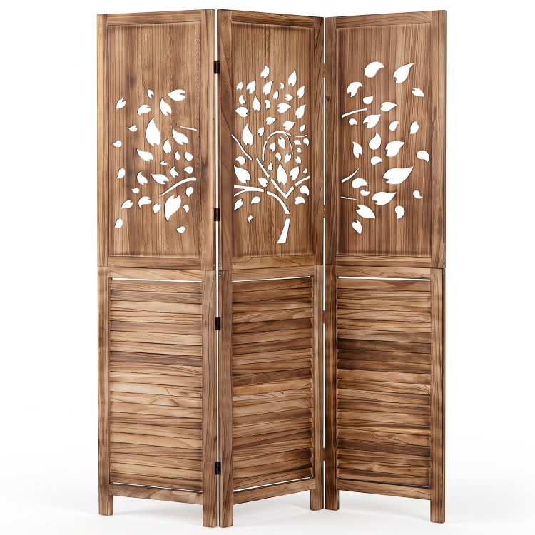 Folding room divider with tree cutout and louver design in rustic brown, ideal for adding privacy and style to any space.