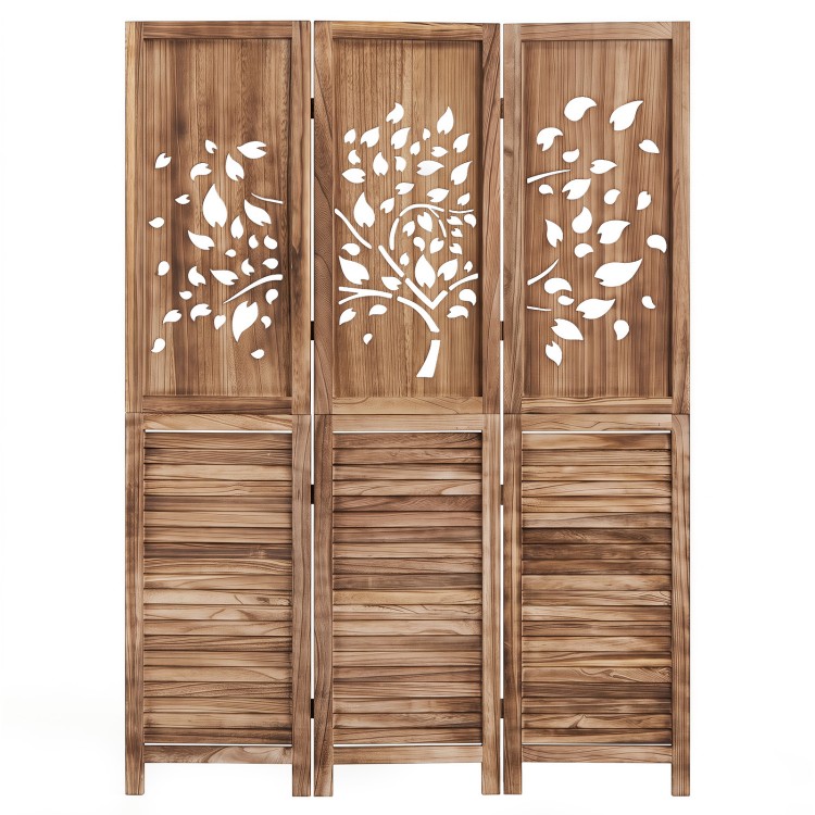 Folding room divider with tree cutout and louver design, 67" tall, adds rustic charm and partial privacy to any space.