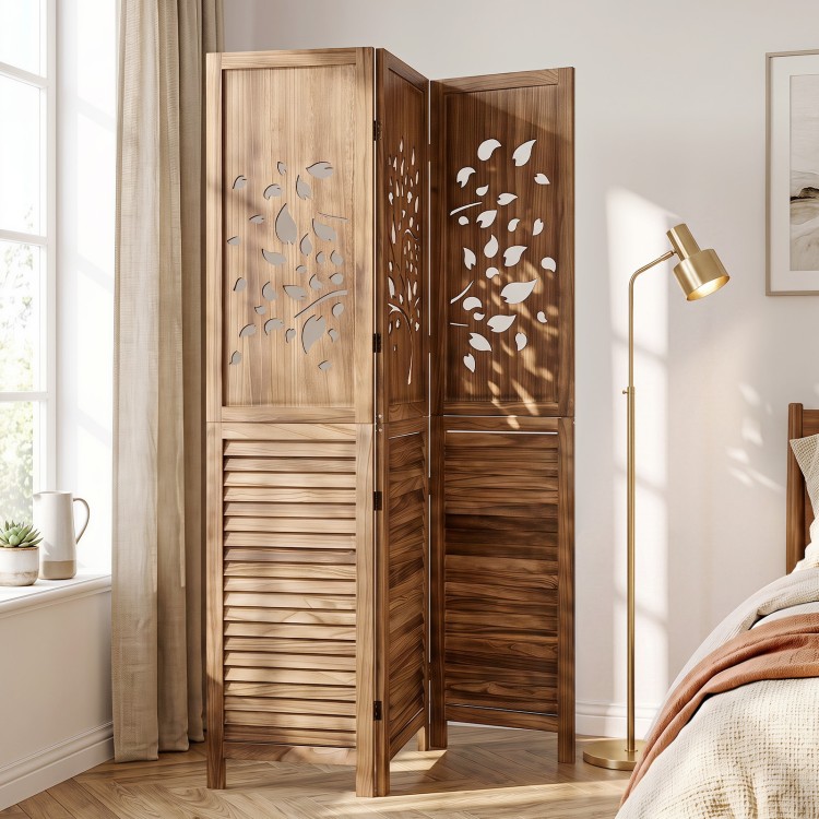 Folding room divider featuring a tree cutout and louver design, providing stylish separation with a rustic brown finish.