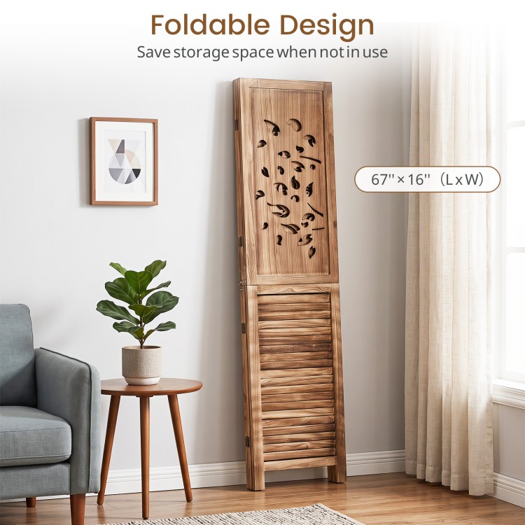 Folding room divider with tree cutout and louver design, 67" tall, offers stylish separation and saves storage space.