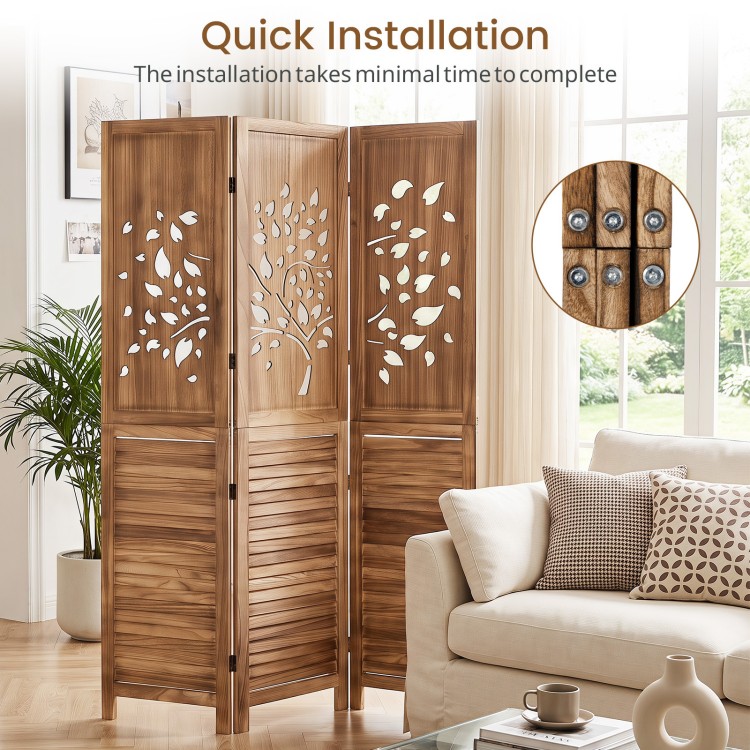 Folding room divider with tree cutout and louver design, 67" tall, offers partial privacy and quick installation.