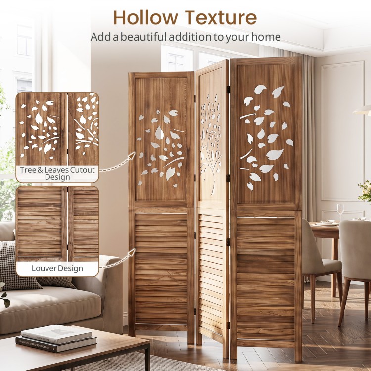 Folding room divider with tree cutout and louver design in rustic brown, ideal for creating partial privacy in living spaces.