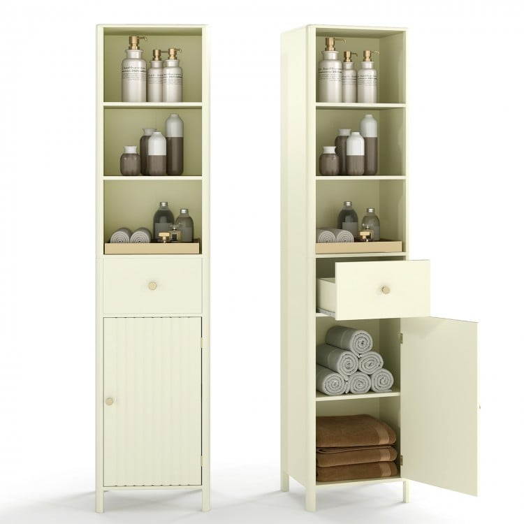 Narrow 67-inch tall bathroom cabinet in beige with fluted door, featuring open shelves and a pull-out drawer for.