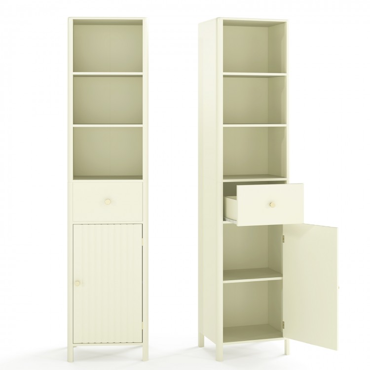 Narrow 67-inch tall beige bathroom cabinet with fluted door, open shelves, and pull-out drawer for versatile storage.