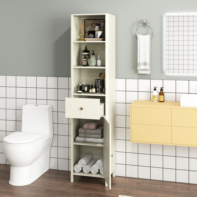 Narrow 67-inch tall beige bathroom cabinet with fluted door, featuring 3 open shelves and a pull-out drawer for storage.