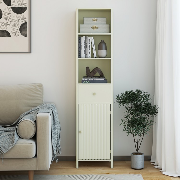 Narrow 67-inch tall beige bathroom cabinet with fluted door, three open shelves, and a pull-out drawer for storage.