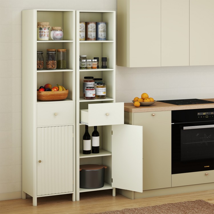 Narrow 67-inch tall beige bathroom cabinet with fluted doors, featuring open shelves and a pull-out drawer for storage.