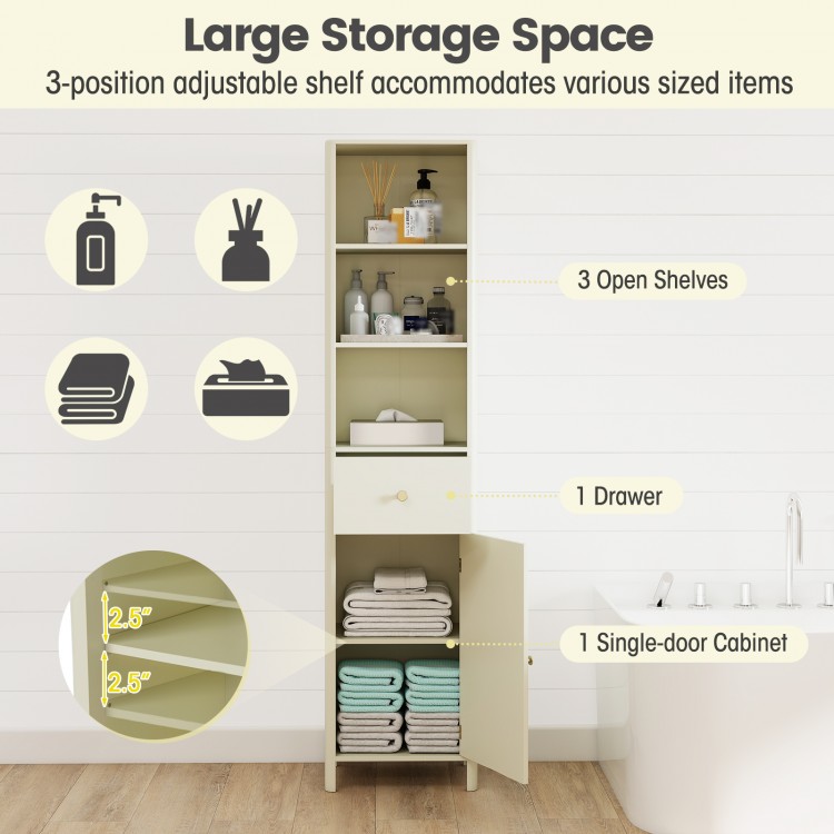 Narrow beige bathroom cabinet with fluted door, showcasing a sleek pull-out drawer and adjustable shelves for versatile.