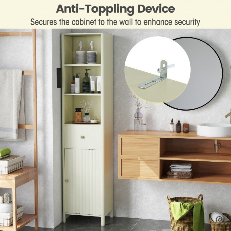 Narrow 67-inch tall beige bathroom cabinet with fluted door, 3 shelves, and anti-toppling device for secure storage.