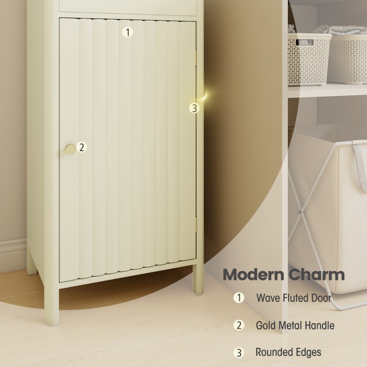 Narrow 67-inch beige bathroom cabinet with fluted door, gold metal handle, and rounded edges for stylish storage.
