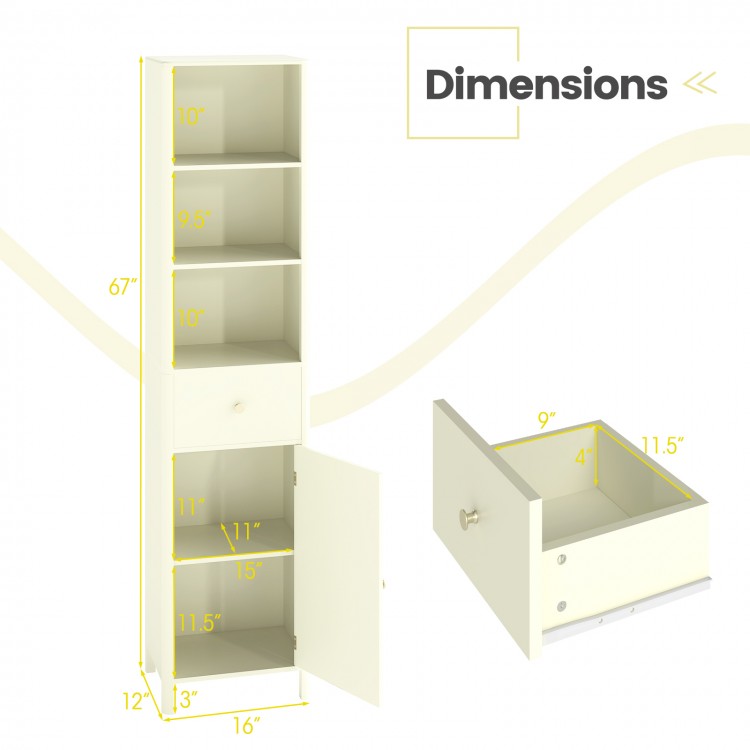 Narrow 67-inch beige bathroom cabinet with fluted door, featuring 3 shelves and a pull-out drawer for organized storage.