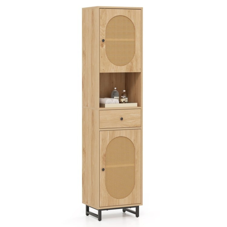 Tall bathroom cabinet with PE rattan doors, adjustable shelves, and a drawer for versatile storage in natural finish.