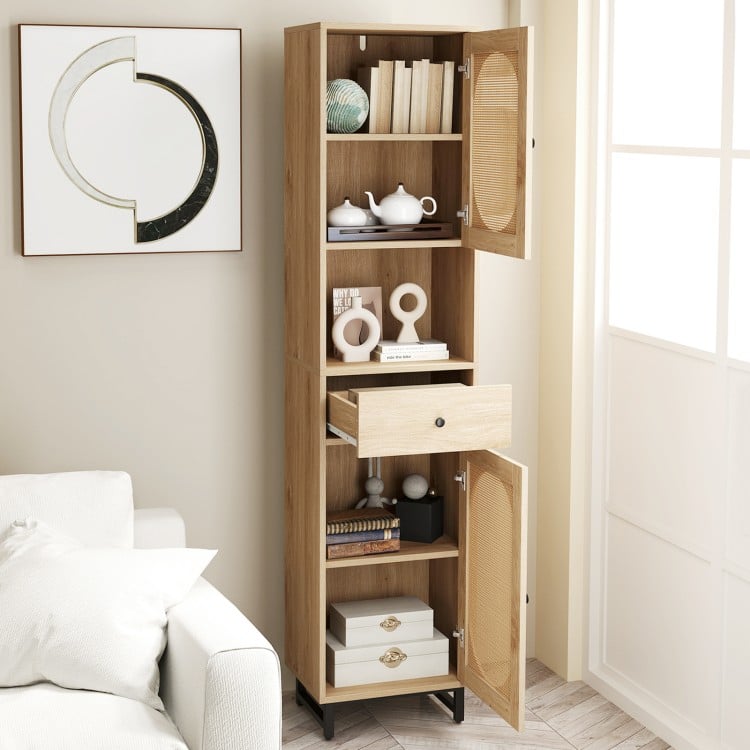 67-inch tall bathroom cabinet with PE rattan design, featuring 2 doors, a drawer, and adjustable shelves for versatile.