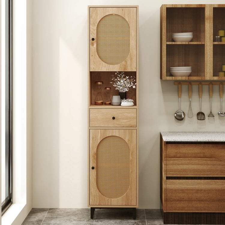 Tall bathroom cabinet with PE rattan design, featuring 2 doors, a drawer, and adjustable shelves for versatile storage.