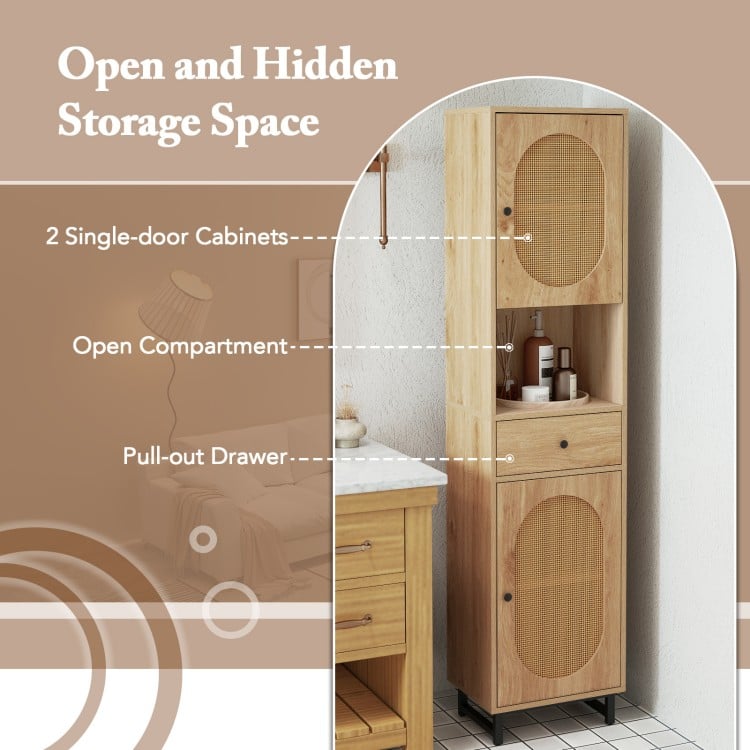 67-inch tall bathroom cabinet with PE rattan design, featuring 2 doors, an open compartment, and a pull-out drawer.