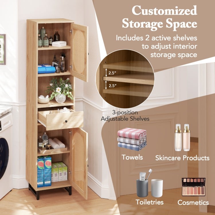 Tall bathroom cabinet with PE rattan design, featuring 2 doors, adjustable shelves, and ample storage for towels and.