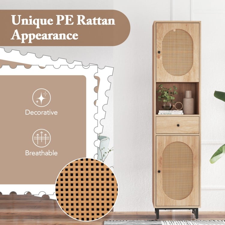 Tall 67-inch bathroom cabinet with PE rattan design, featuring 2 doors, a drawer, and adjustable shelves for storage.