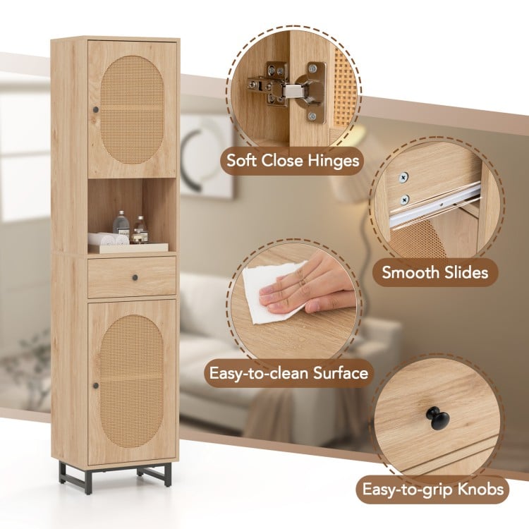 67-inch tall bathroom cabinet with PE rattan design, featuring adjustable shelves, soft-close hinges, and easy-to-clean.
