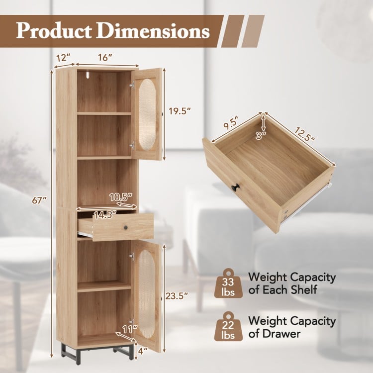 Dimensions of the 67-inch tall bathroom cabinet with PE rattan doors, showcasing adjustable shelves and drawer.