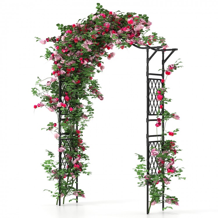 Garden arch trellis in black metal, adorned with climbing plants and flowers, ideal for weddings and garden entrances.