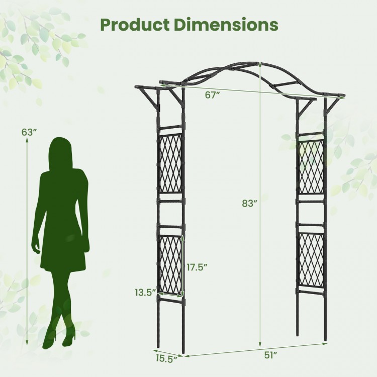 Garden arch trellis dimensions showing a 67 x 83 inch black metal pergola for climbing plants and wedding decor.