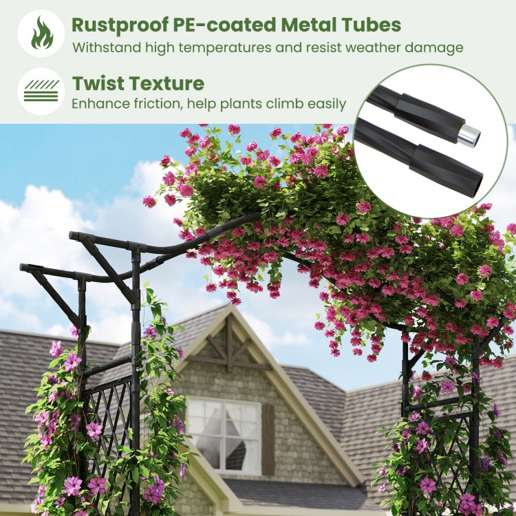 Garden arch trellis made of PE-coated metal tubes, featuring a twist texture for climbing plants, ideal for outdoor use.