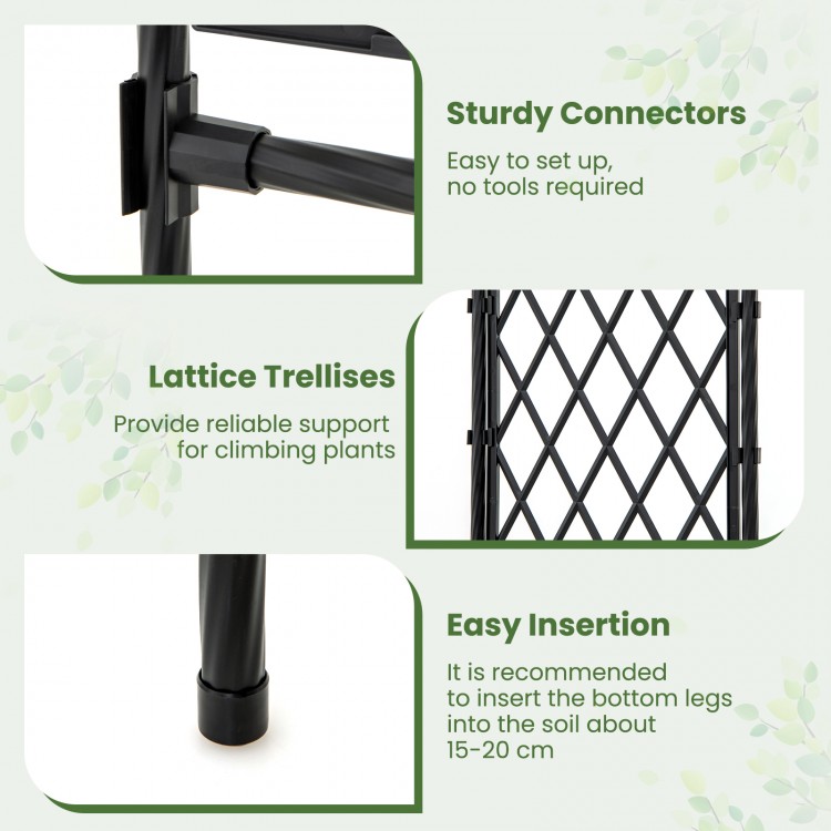 Garden arch trellis in black, made of PE-coated metal, designed for climbing plants with sturdy connectors and easy.