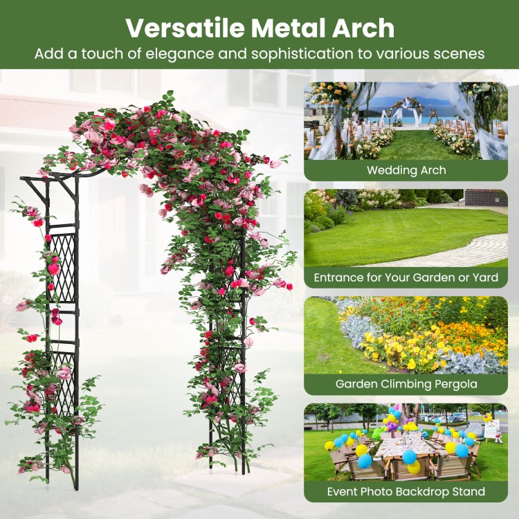 Garden arch trellis in black metal, 67 x 83 inches, ideal for climbing plants, weddings, and garden entrances.