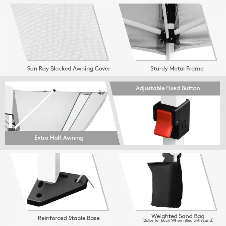 Adjustable pop up canopy with sturdy metal frame and sunray blocked cover, ideal for outdoor activities like camping.