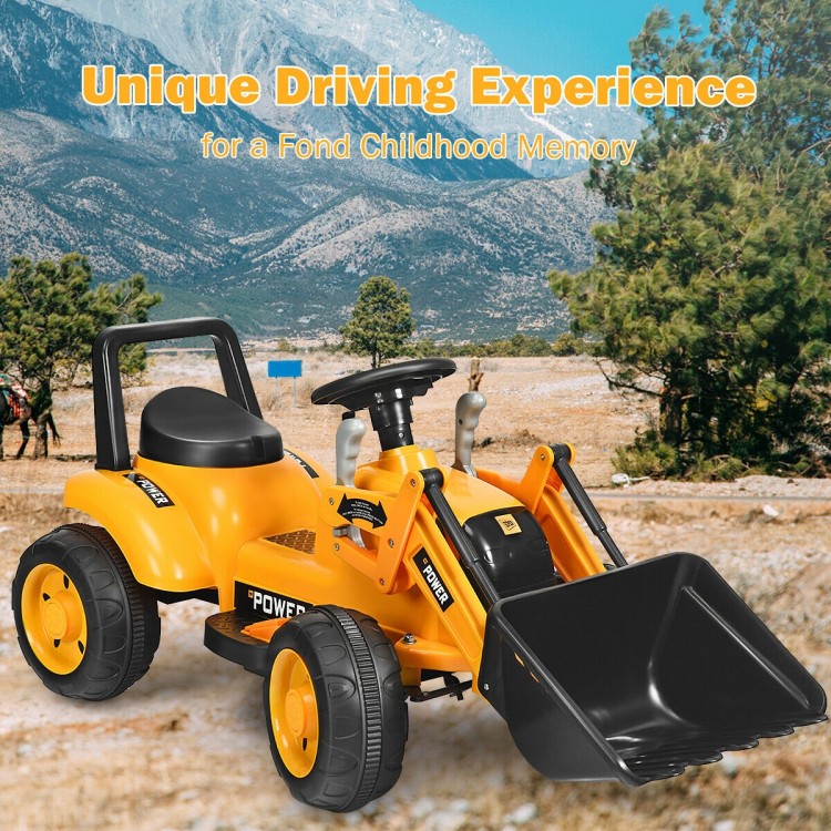 Kids ride-on excavator digger in yellow with realistic front loader design, suitable for various terrains and ASTM.