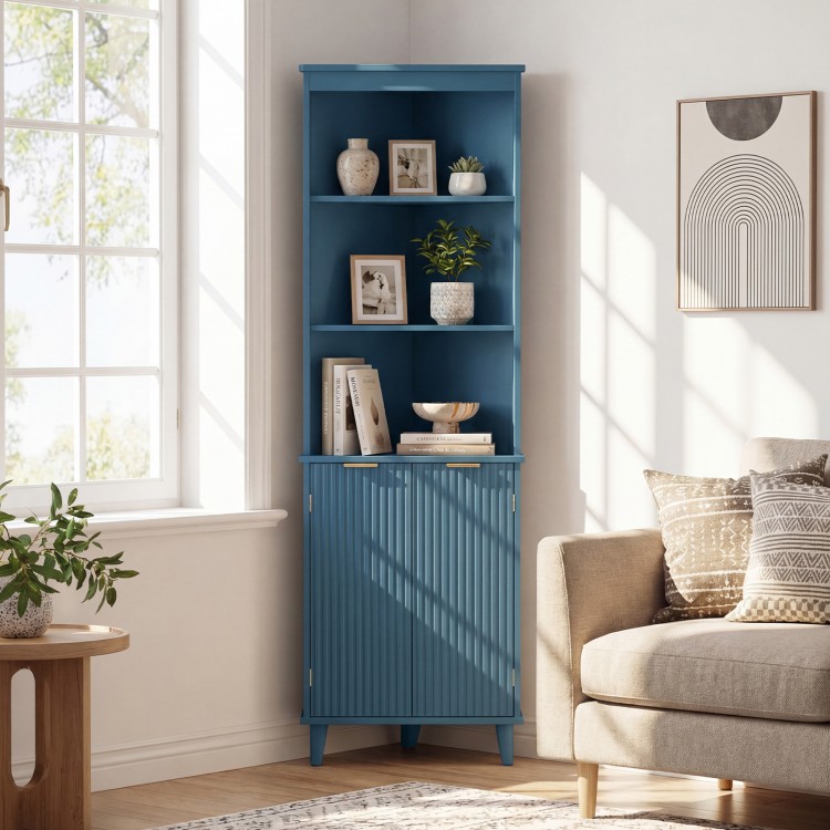Tall blue bathroom storage cabinet with fluted doors, featuring 3 open shelves and a secure cabinet for stylish.
