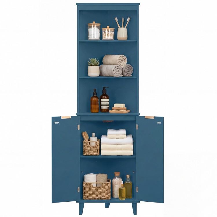 Close-up of the fluted doors on a blue 68-inch bathroom storage cabinet, enhancing visual interest and style.