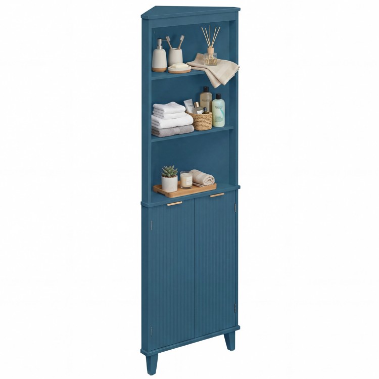 Tall blue bathroom storage cabinet with fluted doors, featuring 3 open shelves and a secure cabinet for versatile use.