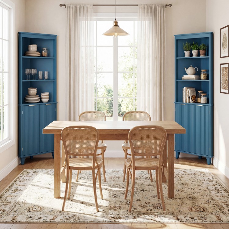 Fluted door bathroom storage cabinet in blue with three shelves and sturdy rubber wood legs for stylish organization.