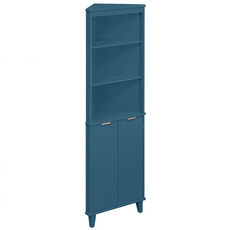 Blue 68-inch tall bathroom storage cabinet with fluted doors, showcasing ample storage and a contemporary design for.