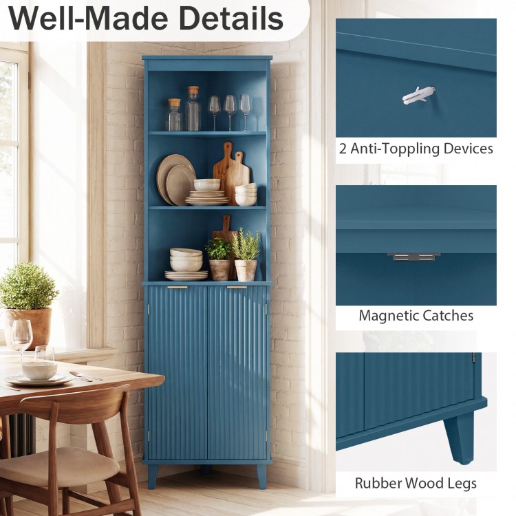 Tall blue bathroom storage cabinet with fluted doors, featuring three shelves and rubber wood legs for stylish.