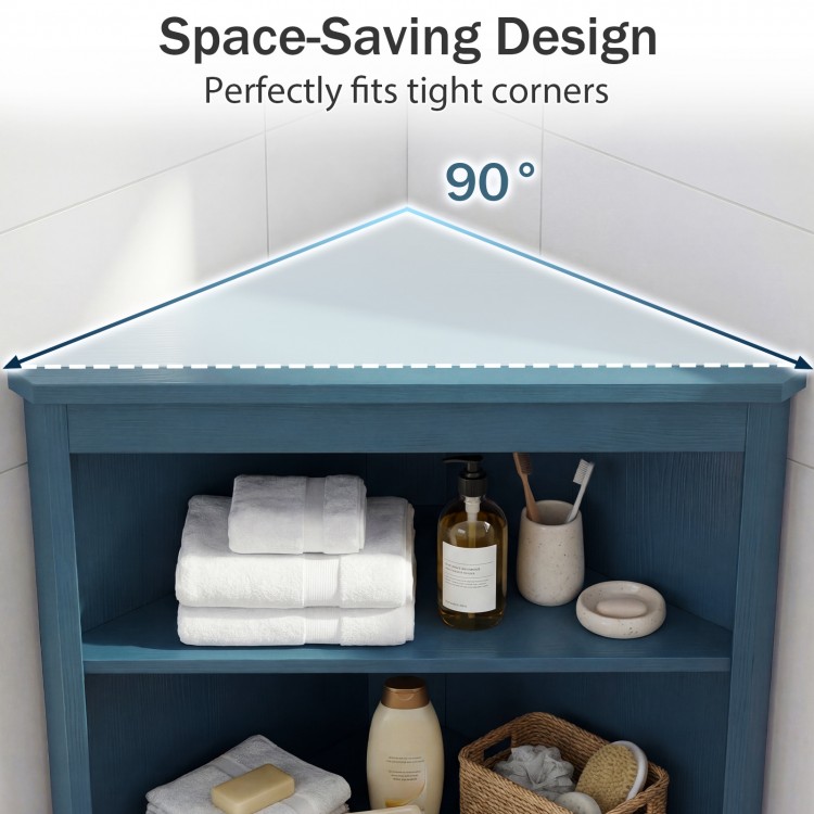 Corner view of the 68-inch tall blue bathroom storage cabinet with fluted doors, featuring three open shelves for.
