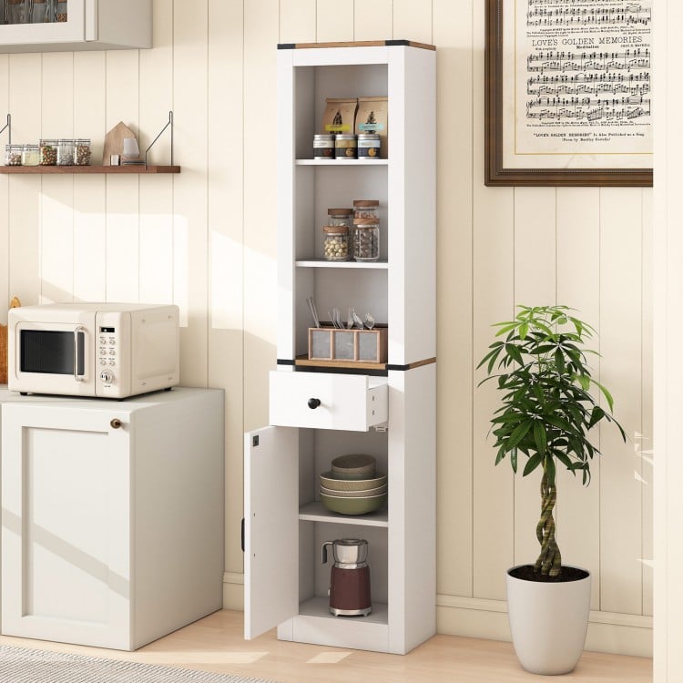 Narrow 68-inch tall white bathroom cabinet with adjustable shelves, drawer, and enclosed storage for organized spaces.