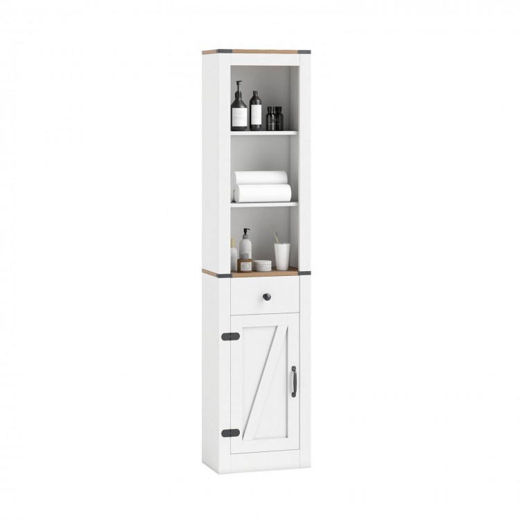 Narrow 68-inch tall white bathroom cabinet with barn door, adjustable shelves, and pull-out drawer for organized.