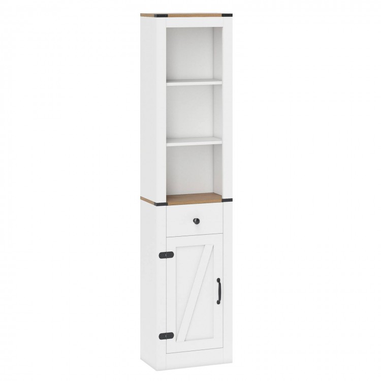 Side view of the 68-inch tall white bathroom cabinet featuring a barn door, drawer, and adjustable shelves for.